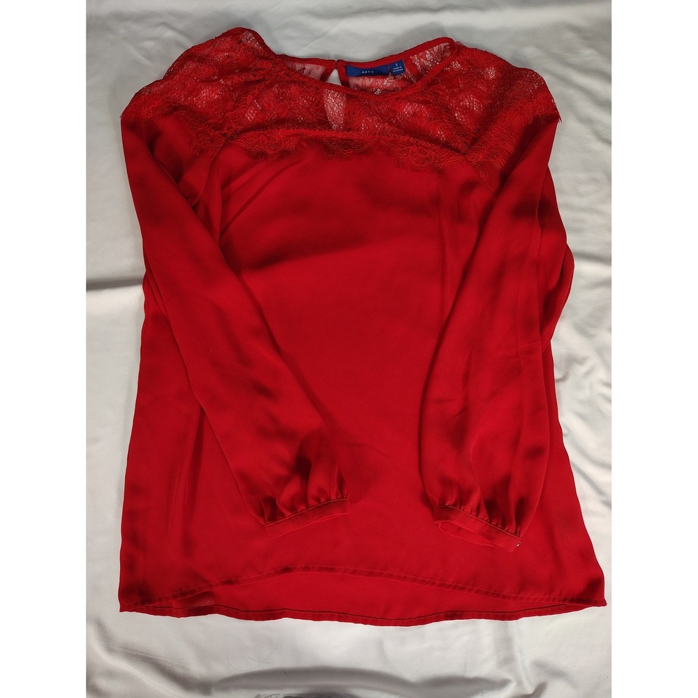 Apt. 9 Womens Red Lace Yoke Long Sleeve Blouse Top Size S Keyhole Back